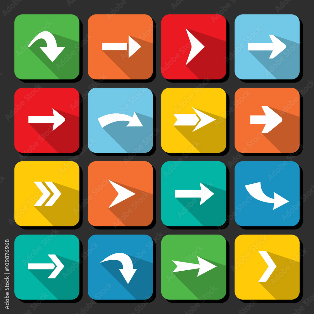 Colorful arrow icon collection on square web buttons. Colorful arrow icon collection on square web buttons.