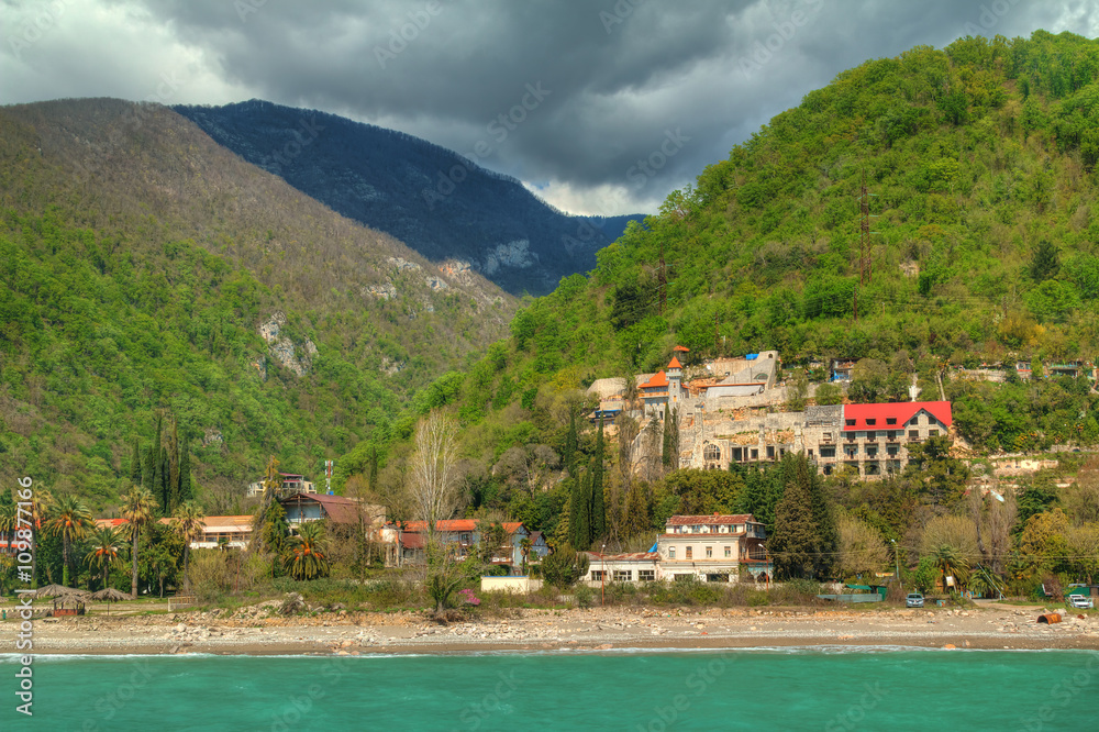 View of mountains and old town Gagra, Abkhazia, HDR processing.
