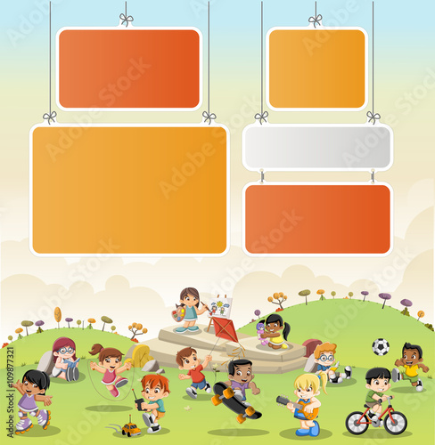 Colorful park with cartoon children playing. Sports and toys.
