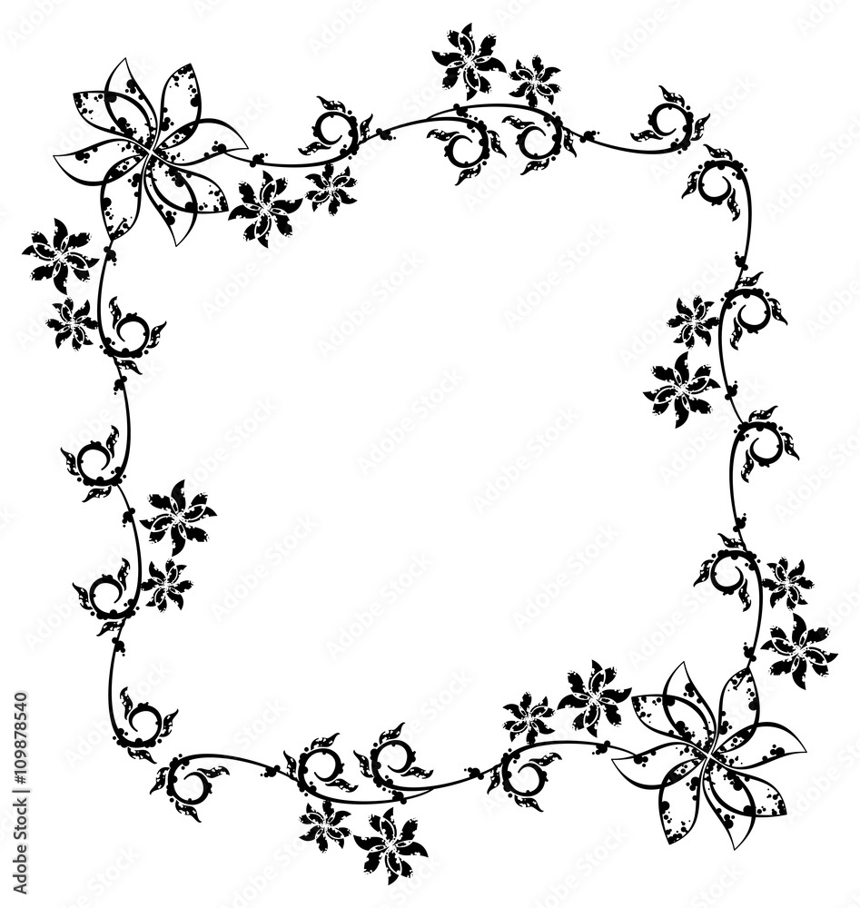 Black and white grunge frame with abstract floral elements. Vector clip art. Black and white grunge frame with abstract floral elements. Vector clip art.