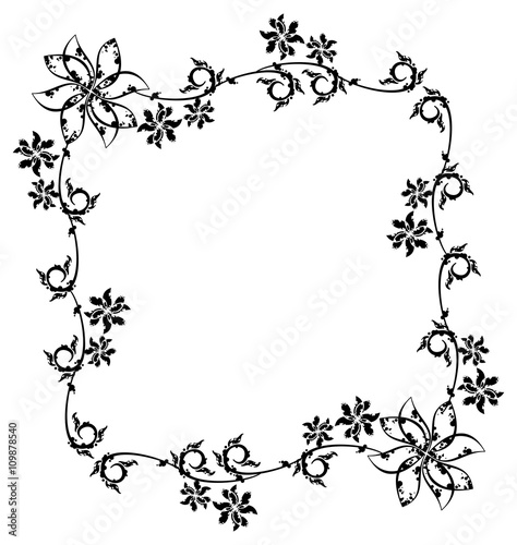 Black and white grunge frame with abstract floral elements. Vector clip art.