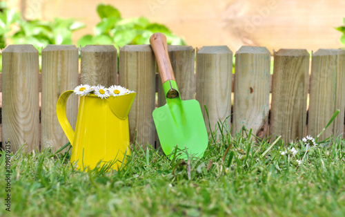 pâquerettes dans petit bidon et petite pelle contre bordure bois d'un jardin
