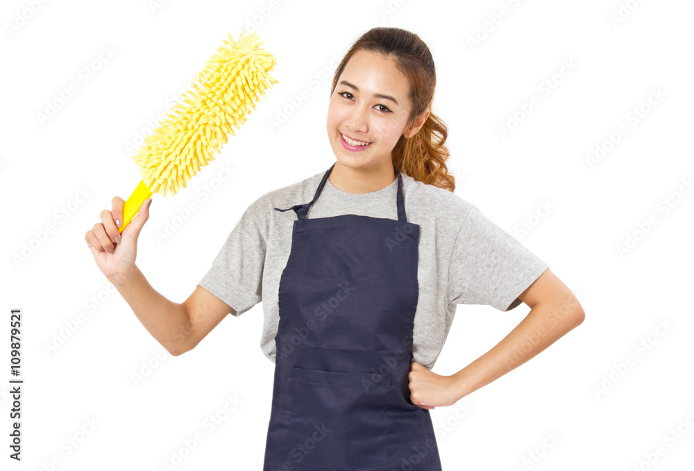 Asian Woman Wearing Apron Holding Yellow Dust Cleaner. Asian Woman Wearing Apron Holding Yellow Dust Cleaner.