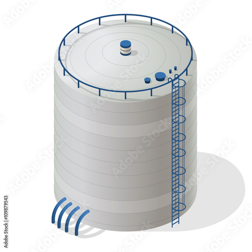 Water reservoir isometric building info graphic. Big water reservoir. White water supply resource. Pictogram industrial chemistry cleaner set with blue details. Flatten isolated master vector icon.