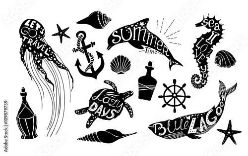 Hand drawn vector illustration - Marine kit. Graphic elements fo