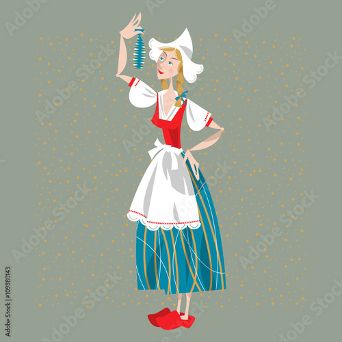 Dutch woman eating soused herring. Dutch tradition.