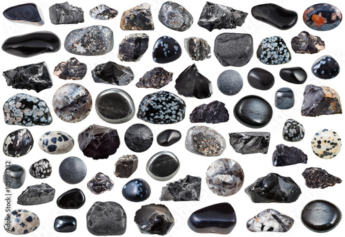 set of black mineral stones and gemstones