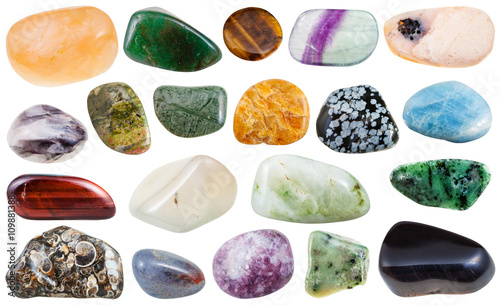 set of various tumbled natural mineral stones photo