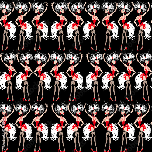 Showgirls. Women performing a dance. Seamless background pattern