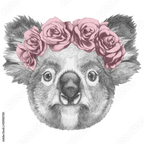 Canvas Print Original drawing of Koala with floral head wreath