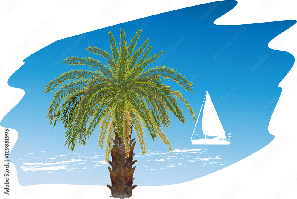 palm tree and boat silhouette in blue sea
