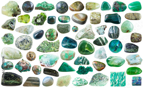 set of green mineral stones and gems isolated photo