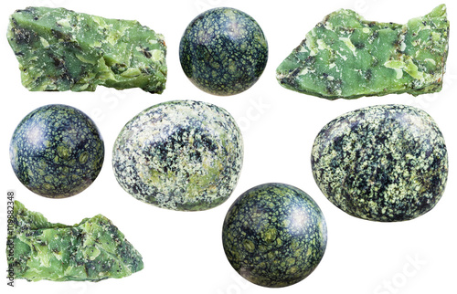 set of various serpentine natural mineral stones