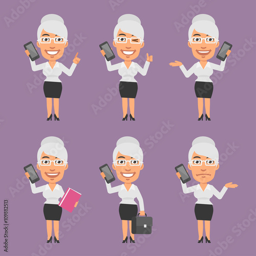 Old Businesswoman Holding Mobile Phone in Different Versions