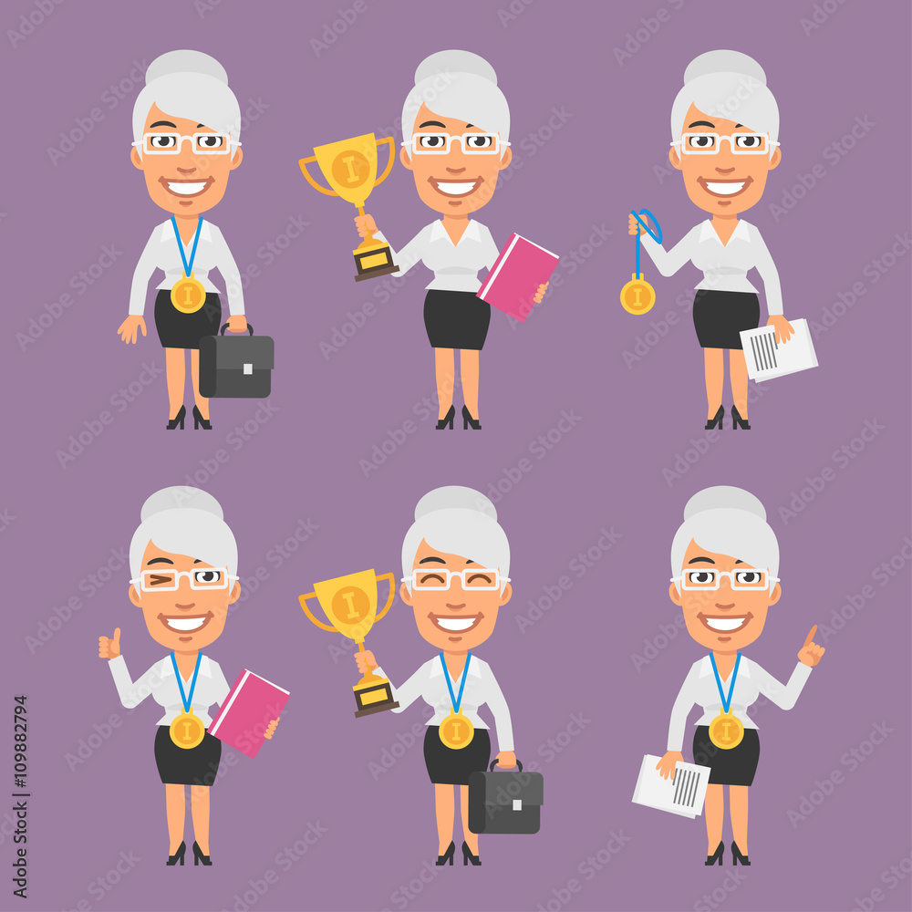 Old Businesswoman Holds Suitcase Cup and Medal Old Businesswoman Holds Suitcase Cup and Medal