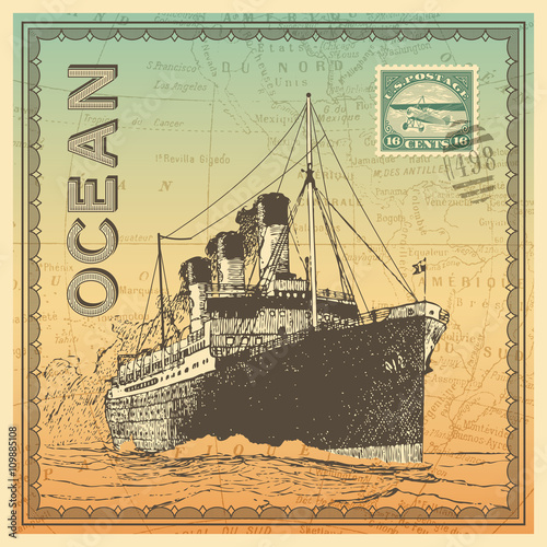 travel themed card/background with vintage ocean liner, map and postage design elements