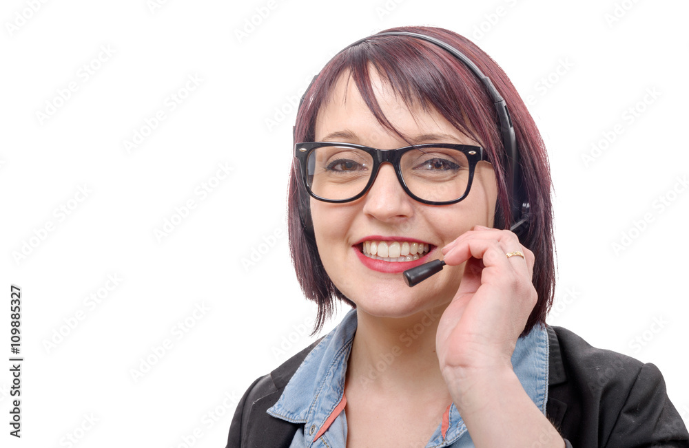 Close-up portrait of smiling young woman with headset Close-up portrait of smiling young woman with headset