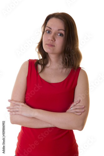 beautiful girl in a red shirt on a white background studio photo