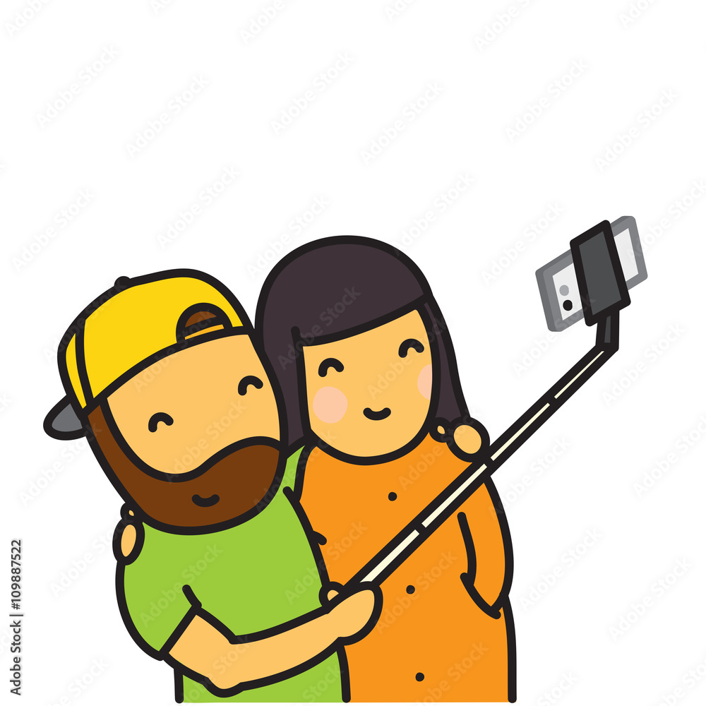 Cartoon couple making photo using smartphone and selfie stick vector illustration