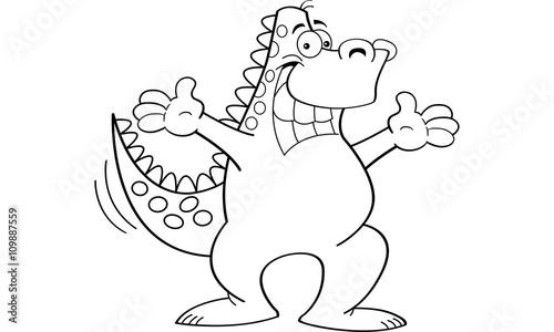 Black and white illustration of a dinosaur with both arms extended.