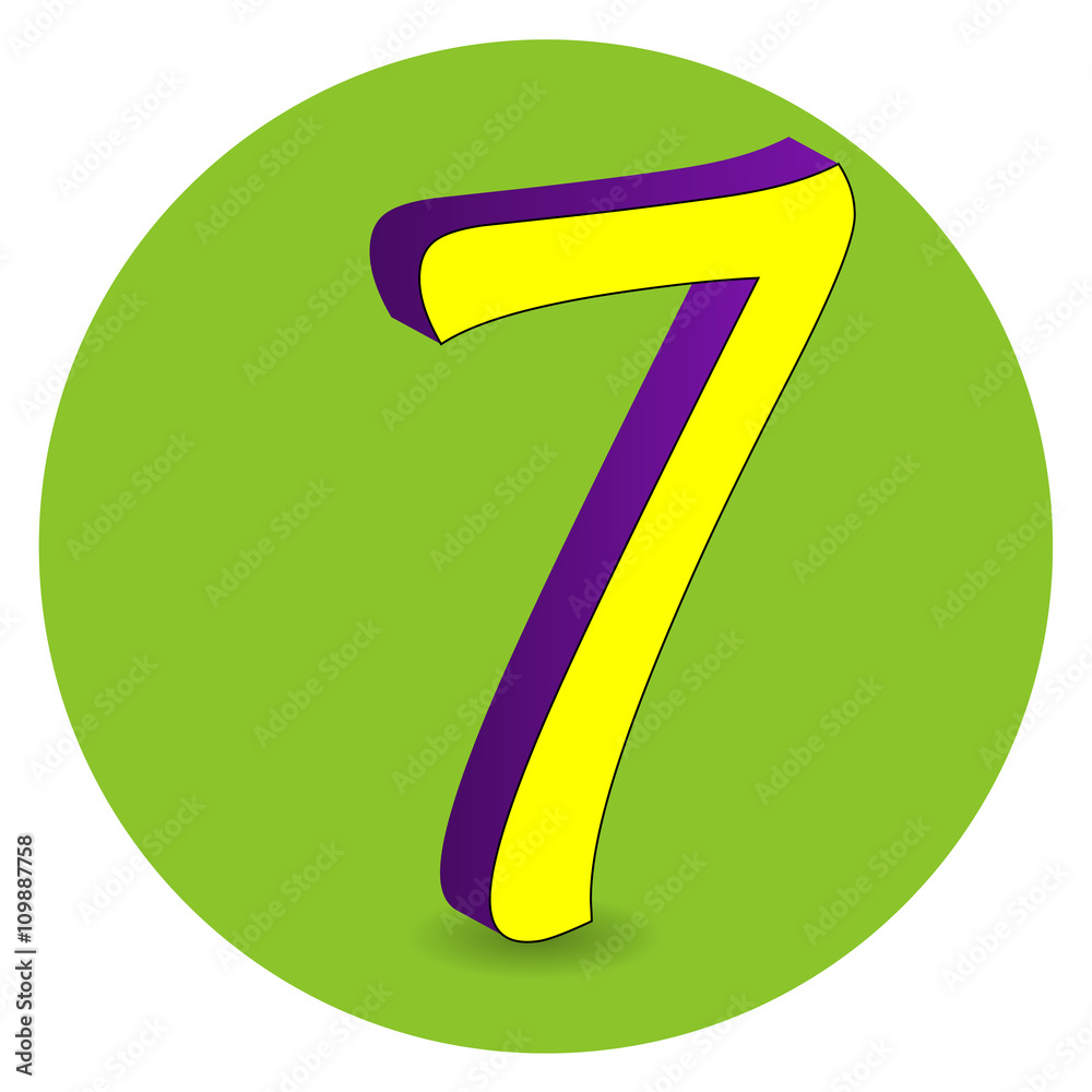 3D purple and yellow vector illustration of number 7 on green circle background. 3D purple and yellow vector illustration of number 7 on green circle background.