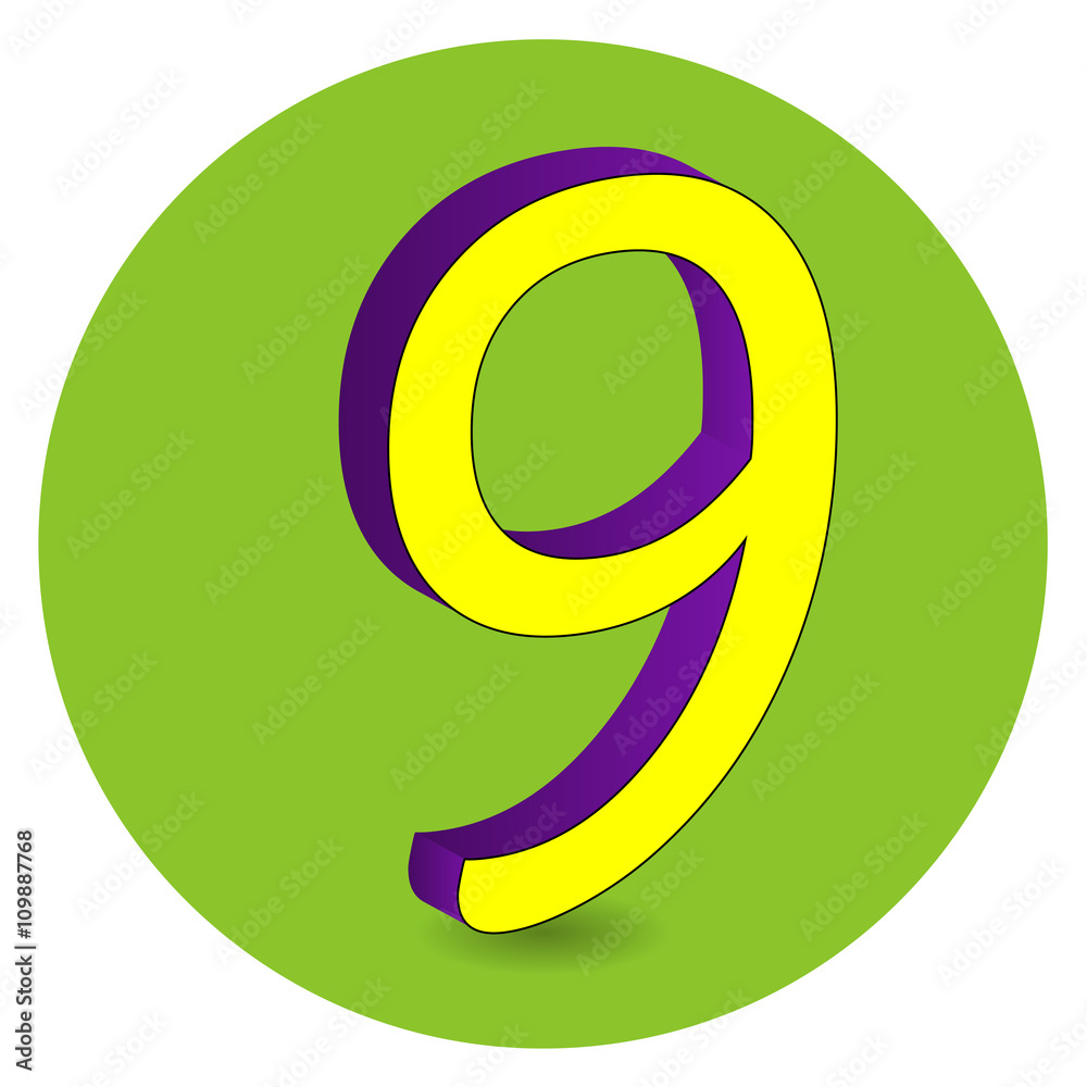 3D purple and yellow vector illustration of number 9 on green circle background. 3D purple and yellow vector illustration of number 9 on green circle background.