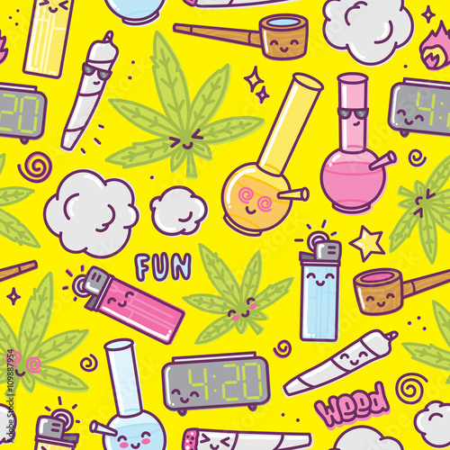 Weed kawaii cartoon seamless vector pattern 