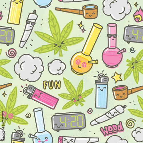 Marijuana kawaii cartoon seamless vector background