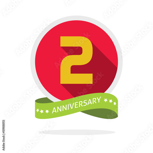 2nd anniversary logo template with a shadow on red circle and yellow number 2 two. 2 years anniversary icon. Two years symbol, second, promotion sticker ribbon, vector emblem