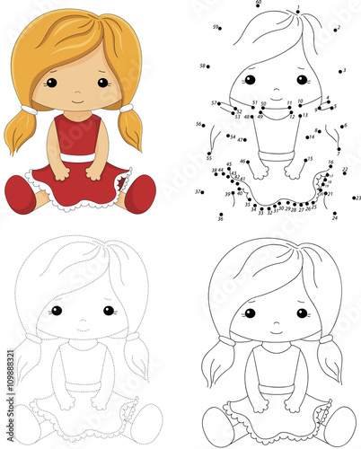 Cartoon doll in a red dress. Dot to dot game for kids
