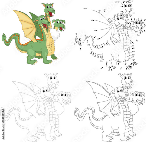 Cartoon funny three headed dragon. Dot to dot game for kids