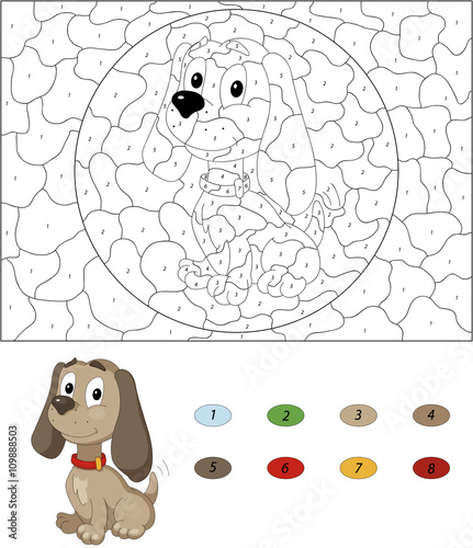 Cartoon dog. Color by number educational game for kids