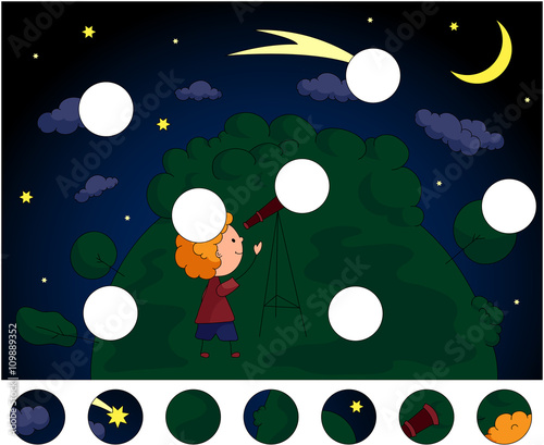 A boy with a telescope looking at the comet in the night sky wit