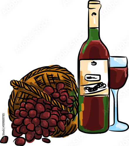 illustration of red grape with bottle red wine and glass full 