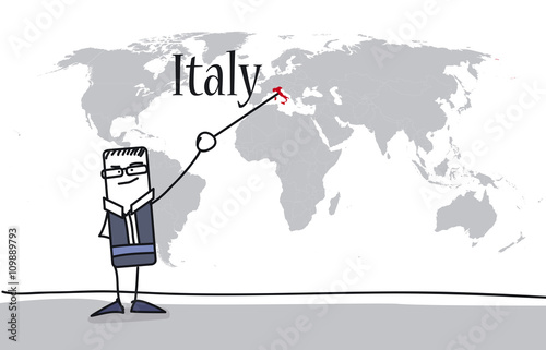 Personnage montrant l'Italie sur une carte du monde