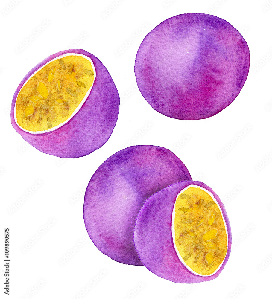 Passion fruit or maracuya set. Hand-drawn fruits - maracuyas. Real watercolor drawing. Passion fruit or maracuya set. Hand-drawn fruits - maracuyas. Real watercolor drawing.