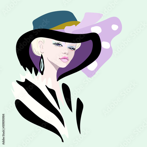 Abstract watercolor portrait of a girl (model) in a hat with a pink bow (polka dot), dress striped black and white, logo fashion and beauty