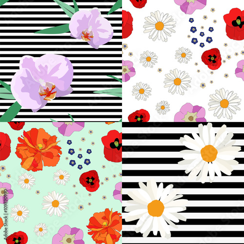 Fototapeta Naklejka Na Ścianę i Meble -  Floral background, wild and tropical flowers, striped background, seamless pattern, fashion