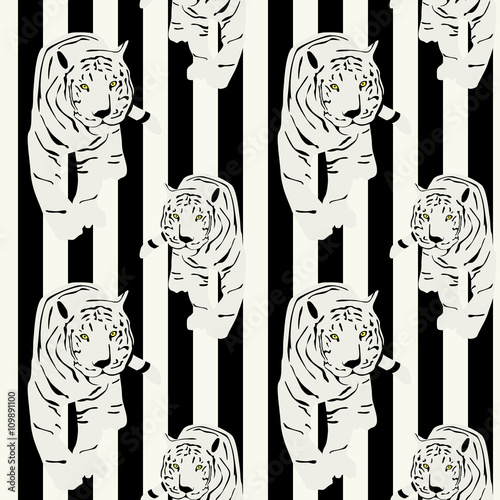 Fototapeta Naklejka Na Ścianę i Meble -   white tiger on a striped background, fashion design, seamless pattern. monochrome, black and white