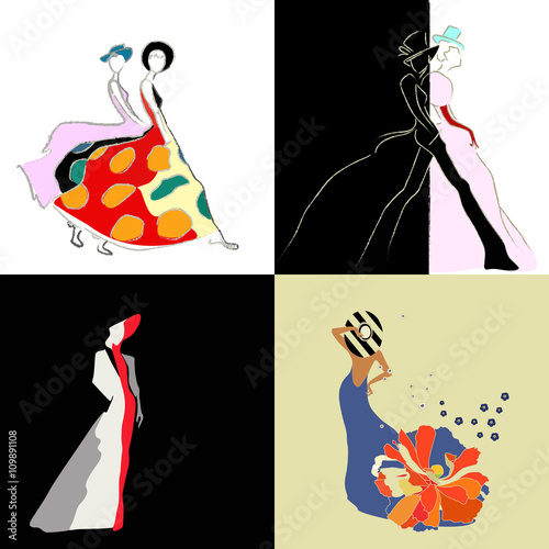 Abstract sketch of girls and women (models) in dresses, suits, hats, logo fashion spring summer