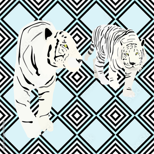 Fototapeta Naklejka Na Ścianę i Meble -  Two white tiger on a striped background, fashion design, seamless pattern