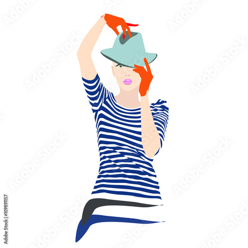 Abstract illustration of a young woman (model) in a striped dress (blue and white) hat and red gloves, shopping, fashion logo, isolated on white