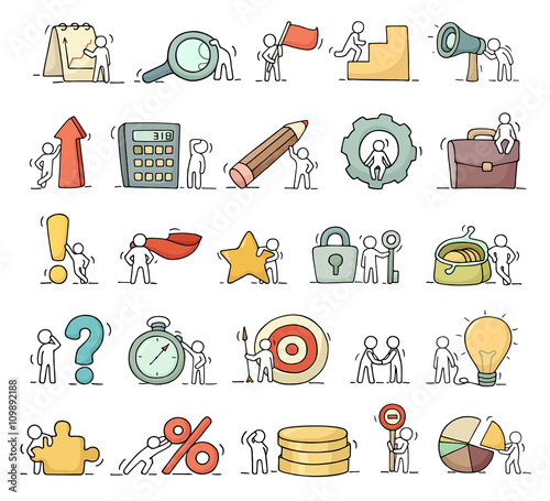 Business icons set of sketch working little people
