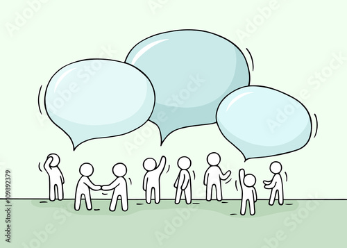 Sketch - crowd of working little people with speech bubbles.
