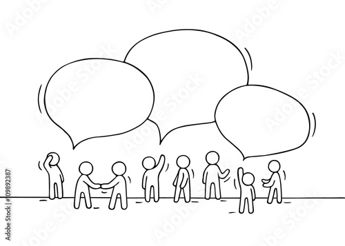 Sketch - crowd of working little people with speech bubbles. Doodle cute miniature teamwork and partnership. Hand drawn cartoon vector illustration for business design and infographic.