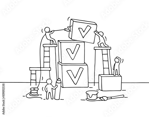 Sketch of working little people with pyramid of cubes, tick.