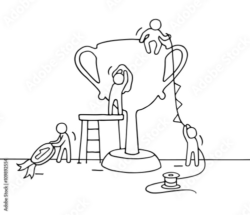 Sketch of working little people with cup, teamwork. Doodle cute miniature scene of workers preparing for the ceremony. Hand drawn cartoon vector illustration for business design and infographic.