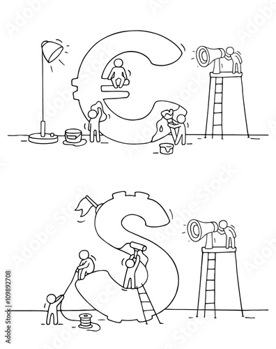 Sketch of euro and dollar sign with working little people.