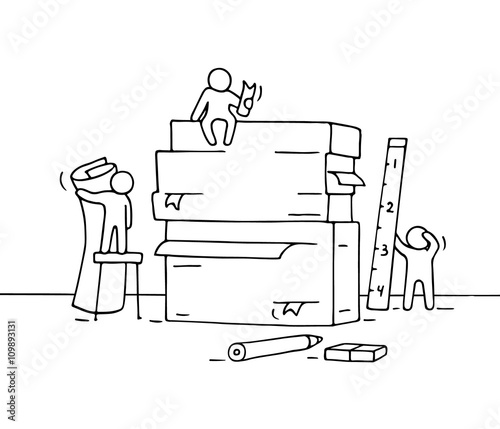 Sketch of working little people with pile of paper