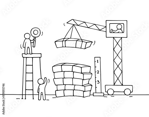 Sketch of stack of cash with working little people, crane. Doodle cute miniature of construction pile of dollars and preparing for the big profit. Hand drawn cartoon vector for business design.